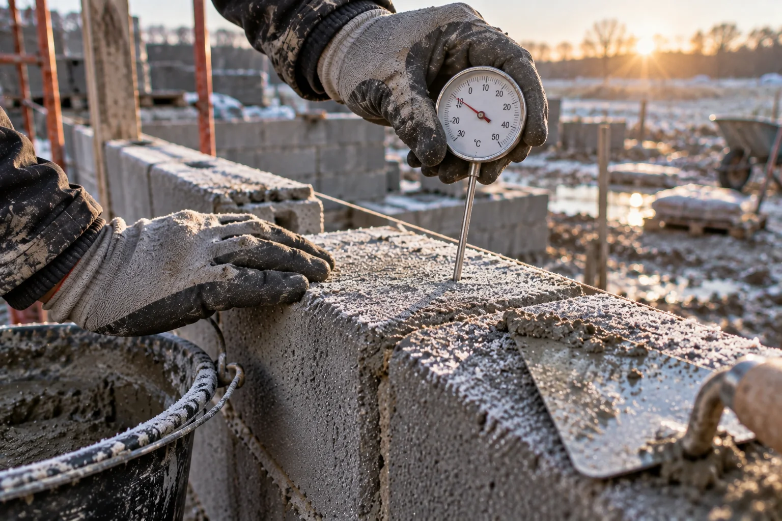 Main gantée mesurant la température d'un parpaing avec un thermomètre au petit matin sur un chantier de maçonnerie.
