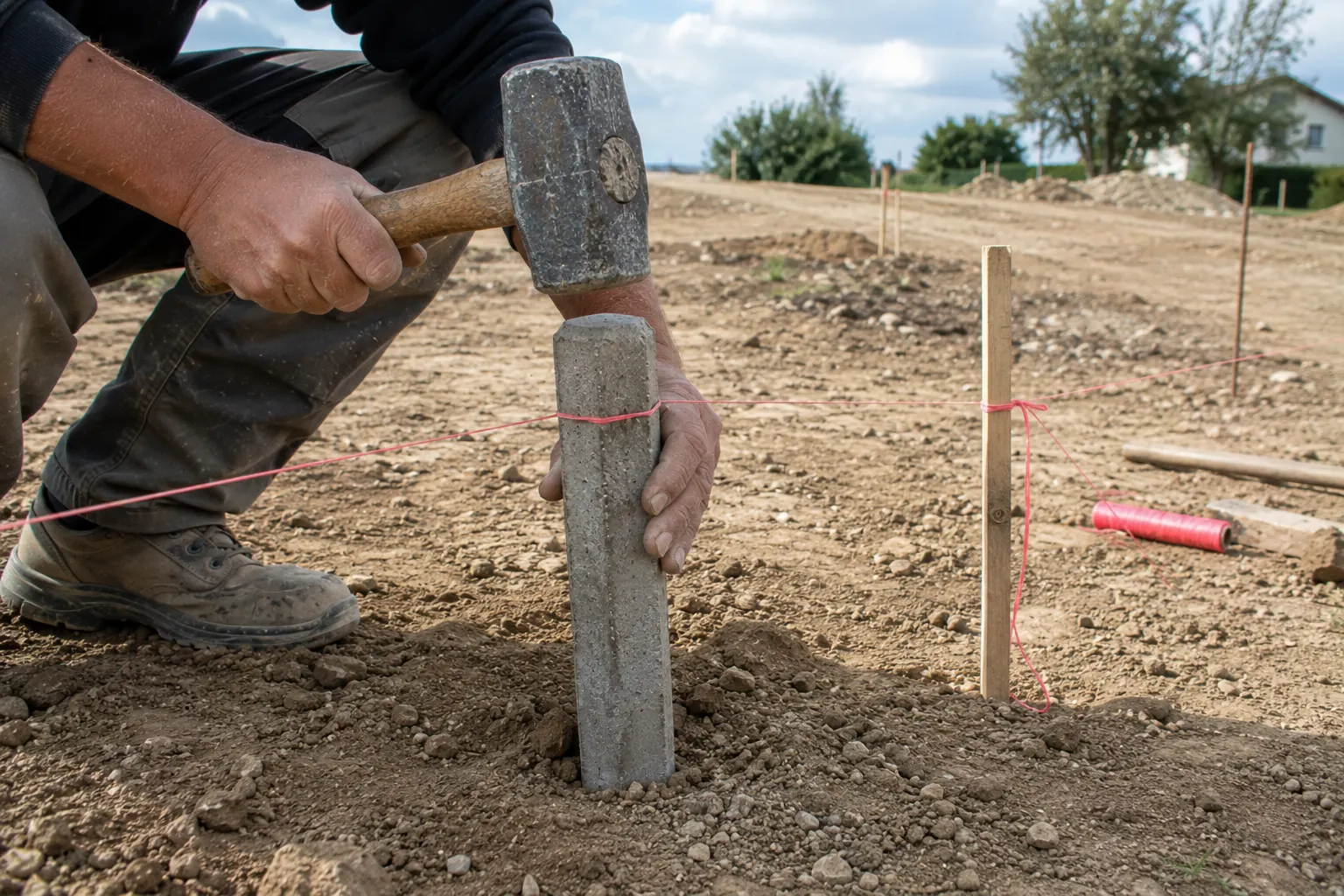 Ouvrier enfonçant une borne de délimitation dans le sol avec des piquets et un cordeau de chantier marquant les limites du terrain.