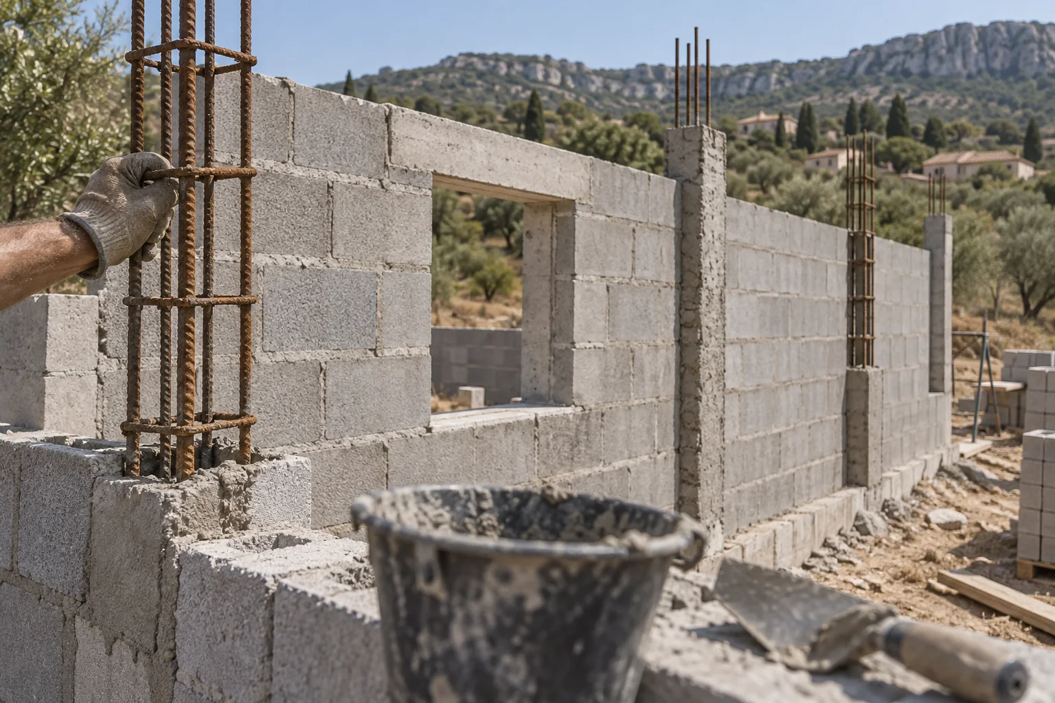 Mains d'un maçon mettant en place des armatures métalliques verticales le long d'un mur en parpaings en construction, près d'une ouverture.