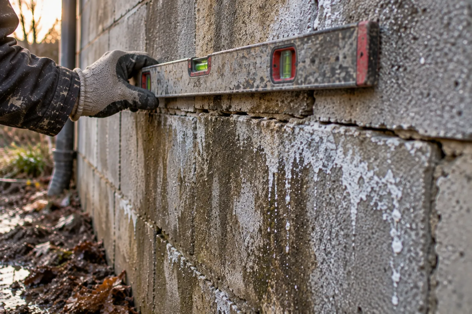 Une main gantée inspecte une fissure horizontale sur un mur de parpaing humide, à l'aide d'une règle.