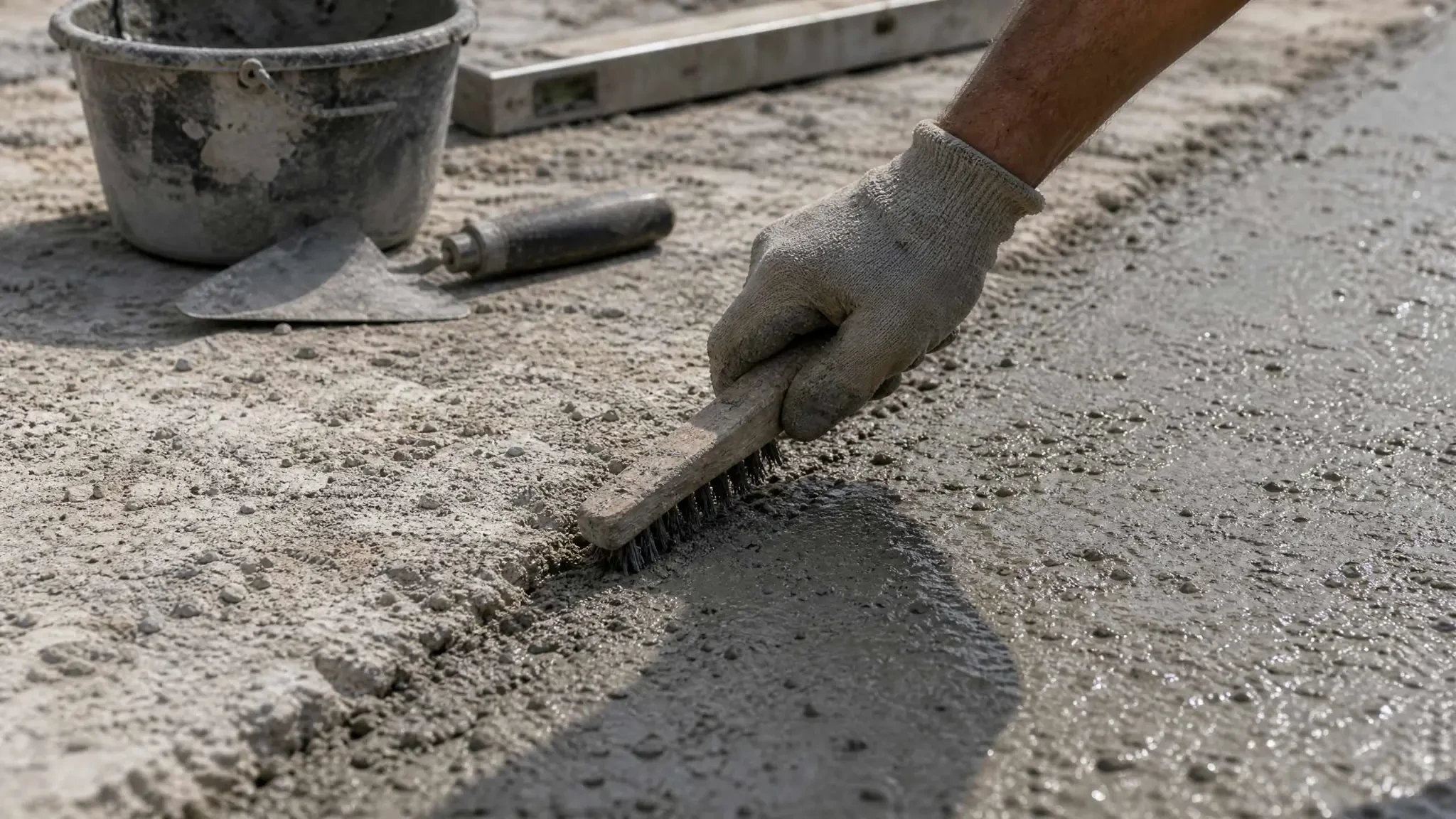 Main gantée brossant la laitance à la brosse métallique, à la limite entre béton durci et béton frais.