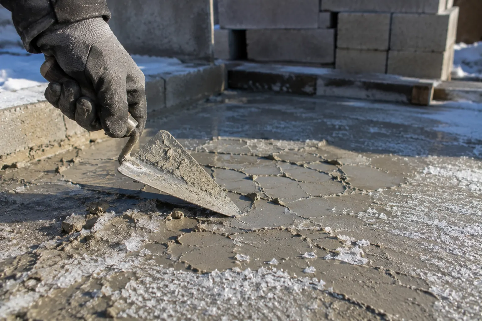 Une main gantée immobilisée au-dessus d'une dalle de béton frais fissurée par le gel, avec des cristaux de glace visibles à la surface.