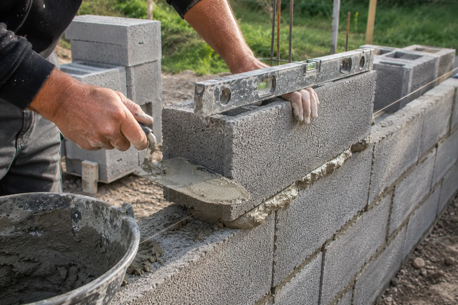 Maçon plaçant un parpaing sur du mortier avec une truelle, vérifiant l'aplomb à l'aide d'un niveau sur un chantier d'abri de jardin.