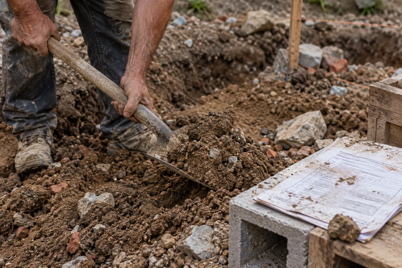 Mains d'un terrassier tenant une pelle sur un sol en cours d'excavation, avec un formulaire administratif posé à proximité.