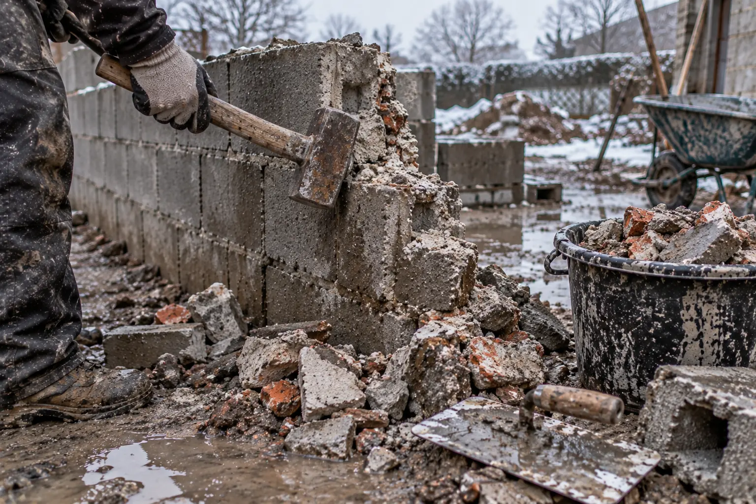 Démolition d'un muret en hiver : massette à la main, parpaings cassés et gravats épars sur un sol boueux et détrempé.