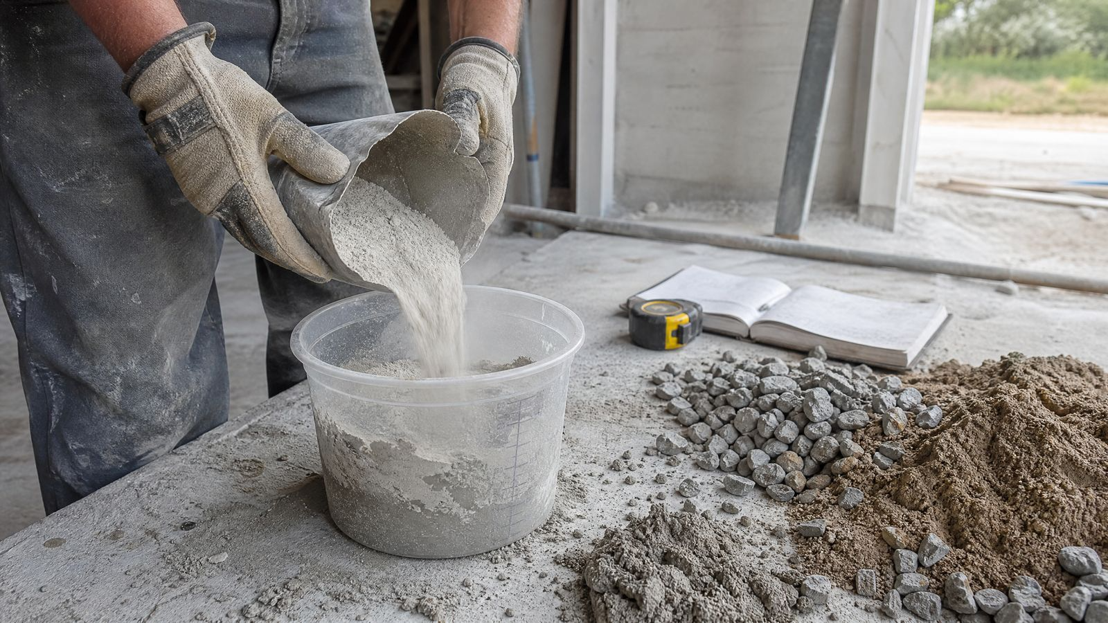 Mains gantées versant du ciment dans un seau doseur, tas de gravillons et de sable alignés à côté.
