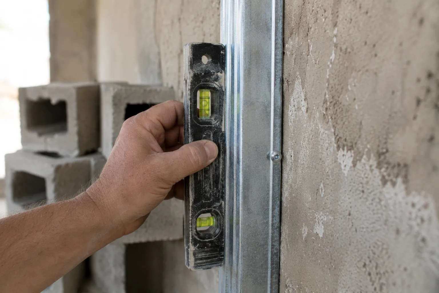 Une main vérifie l'aplomb d'un rail métallique avec un niveau, sur un mur destiné à recevoir un doublage en parpaing.
