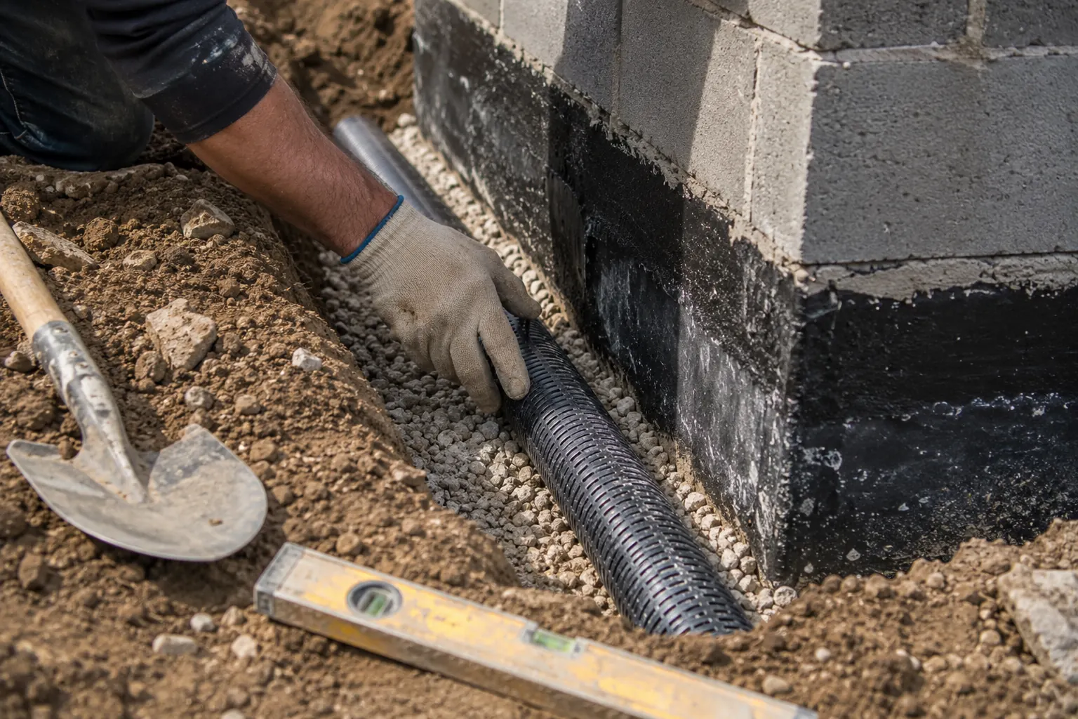 Main gantée posant un tuyau de drainage perforé dans une tranchée autour d'une fondation en parpaing.