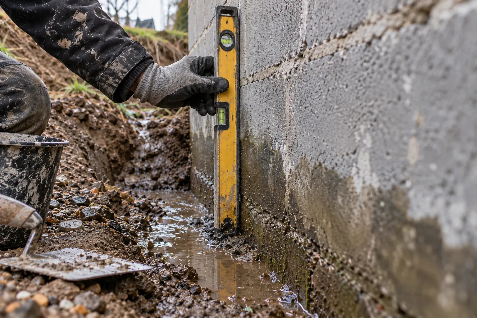 Une main vérifie avec un niveau l'étanchéité d'un mur en parpaing où s'accumule l'eau de ruissellement du terrain voisin.