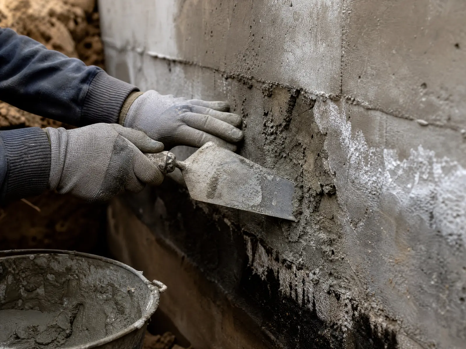 Mains appliquant un enduit sur un mur enterré humide et dégradé, avec mortier frais et outils de chantier visibles.