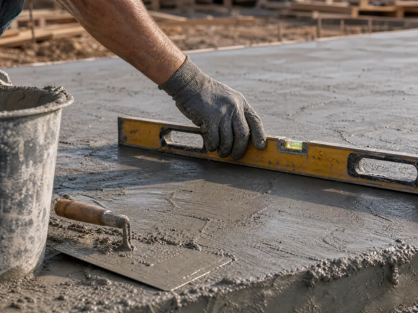 Une main applique un niveau sur une dalle de béton frais, révélant son épaisseur et sa surface de travail.