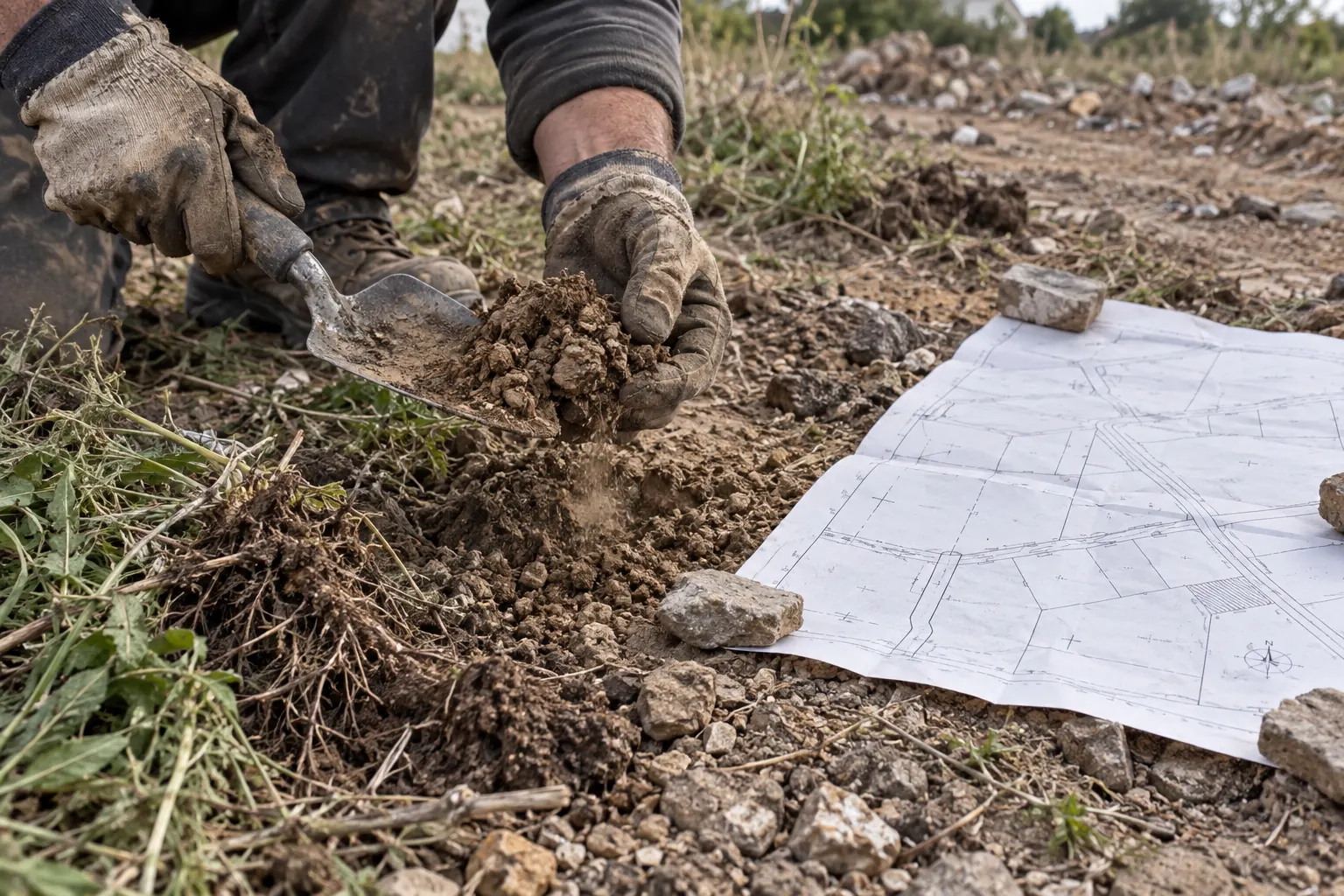 Deux mains gantées prélevant un échantillon de terre sur un terrain nu, avec un document cadastral visible à proximité sur le sol.