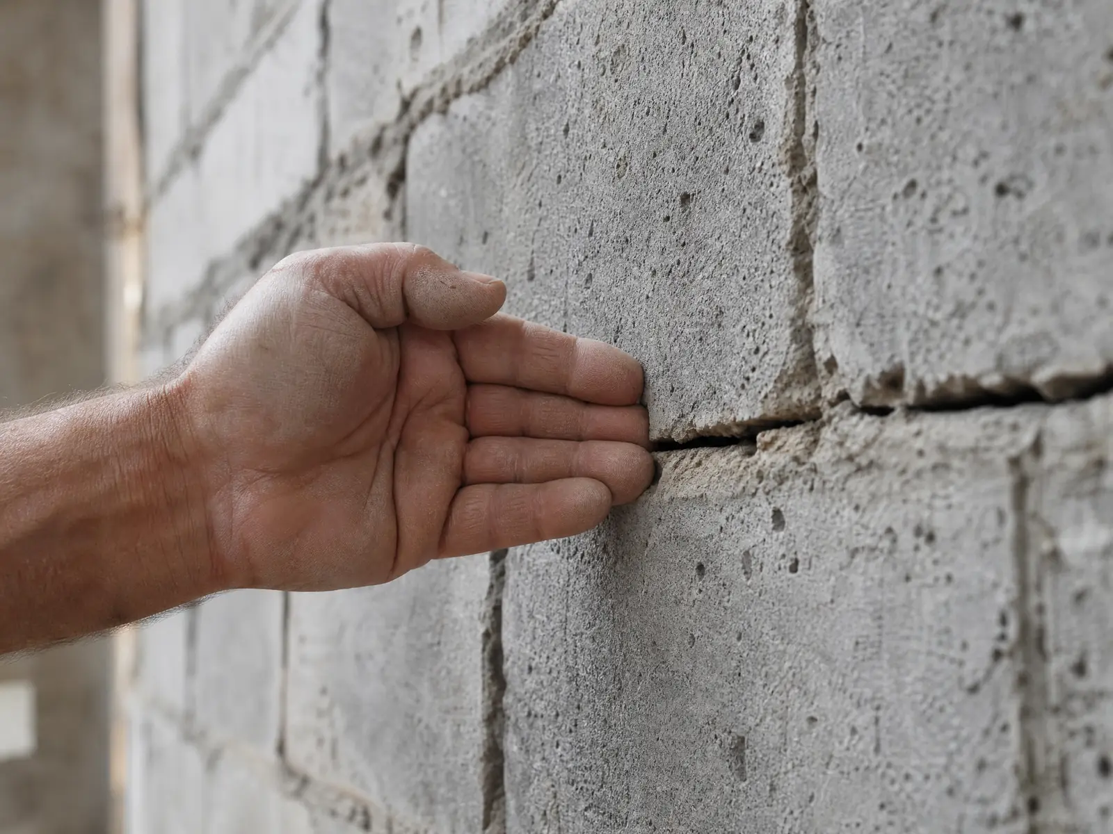 Une main examine une fissure horizontale marquée dans un mur en parpaing, révélant l'orientation du désordre structurel.