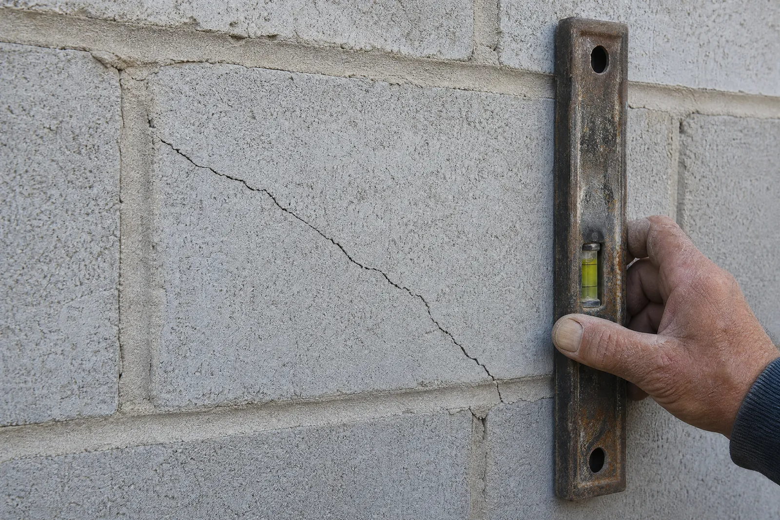 Main tenant un niveau contre un mur en parpaing fissurés pour examiner la fissure et son alignement.