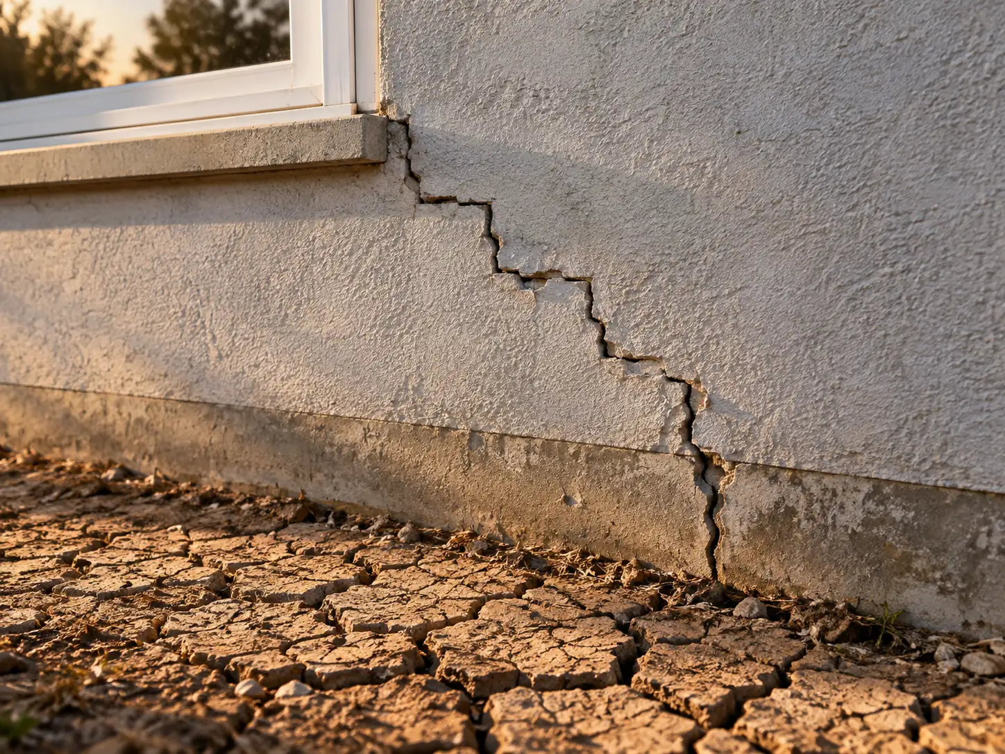 Fissure en escalier dans le mur enduit d'une maison, au-dessus d'un sol argileux desséché et craquelé.