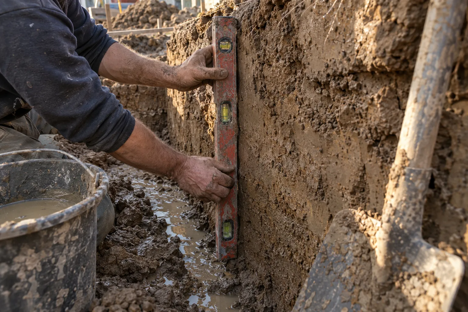 Maçon vérifiant à la perpendiculaire la profondeur d'une tranchée de fondation en terrain argileux, entouré d'outils de chantier usagés.