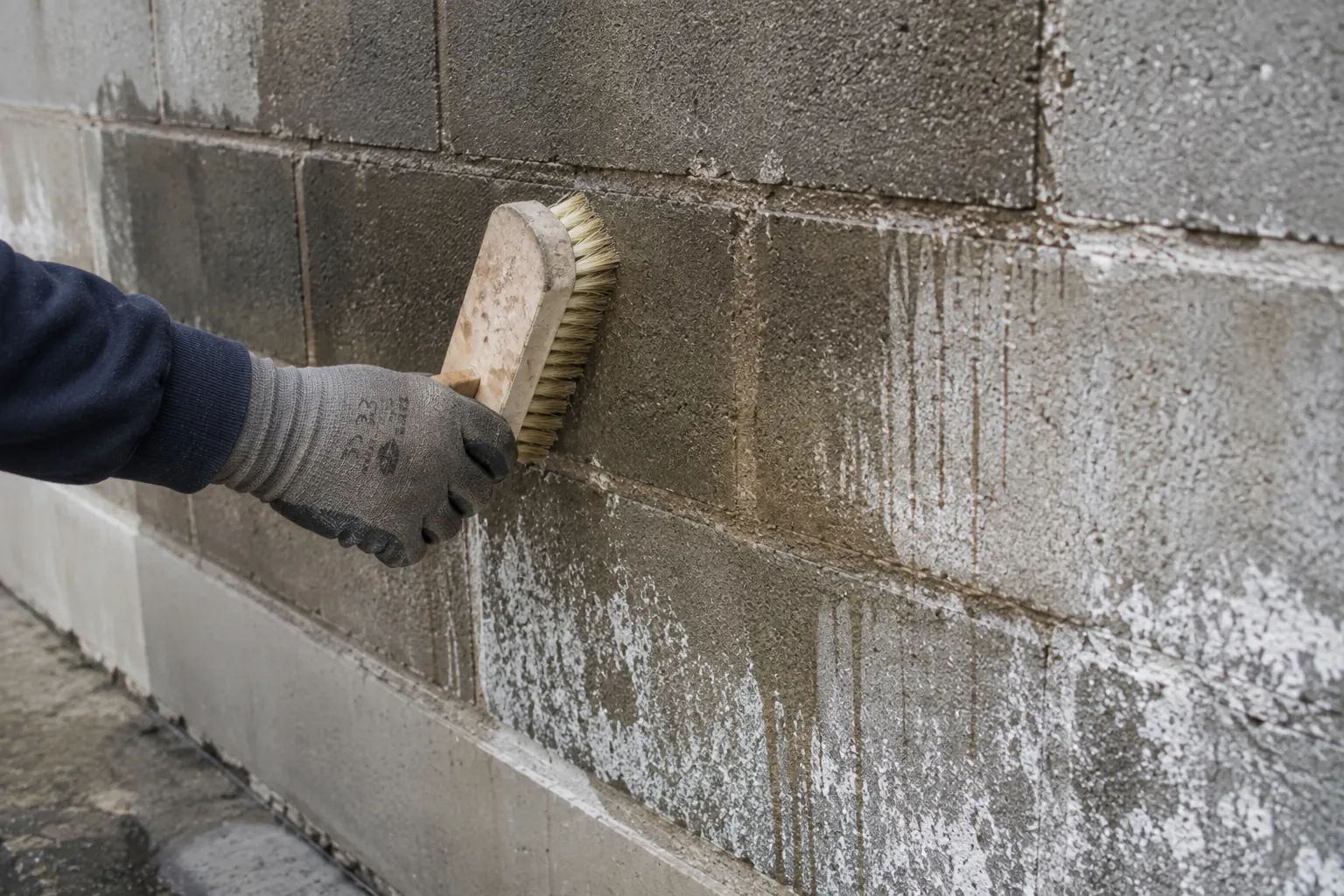 Une main applique un hydrofuge à la brosse sur un mur extérieur en parpaing, dont la surface humide et tachetée montre les auréoles de l'eau.
