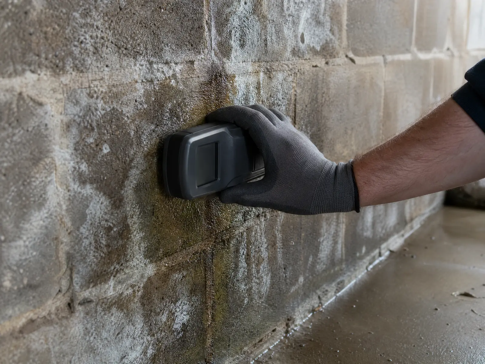 Une main examine un mur de garage en parpaing humide avec des traces d'infiltration, localisant le point d'entrée de l'eau.
