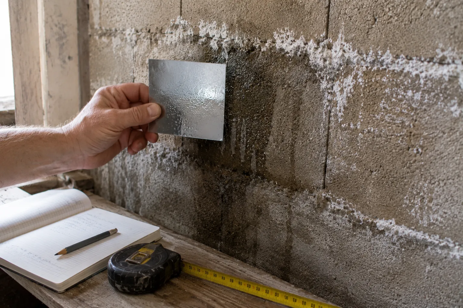 Mains appliquant une isolation thermique contre un mur en parpaing brut en phase de travaux intérieurs.