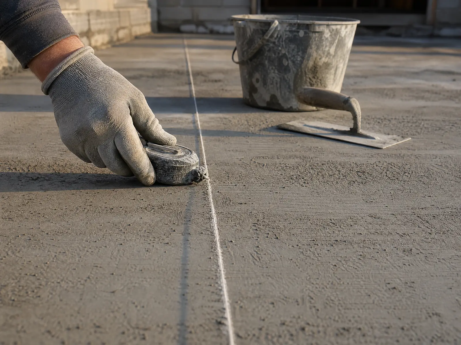 Une main traçant une ligne de joint de dilatation au craie sur une dalle béton grise et humide en chantier.