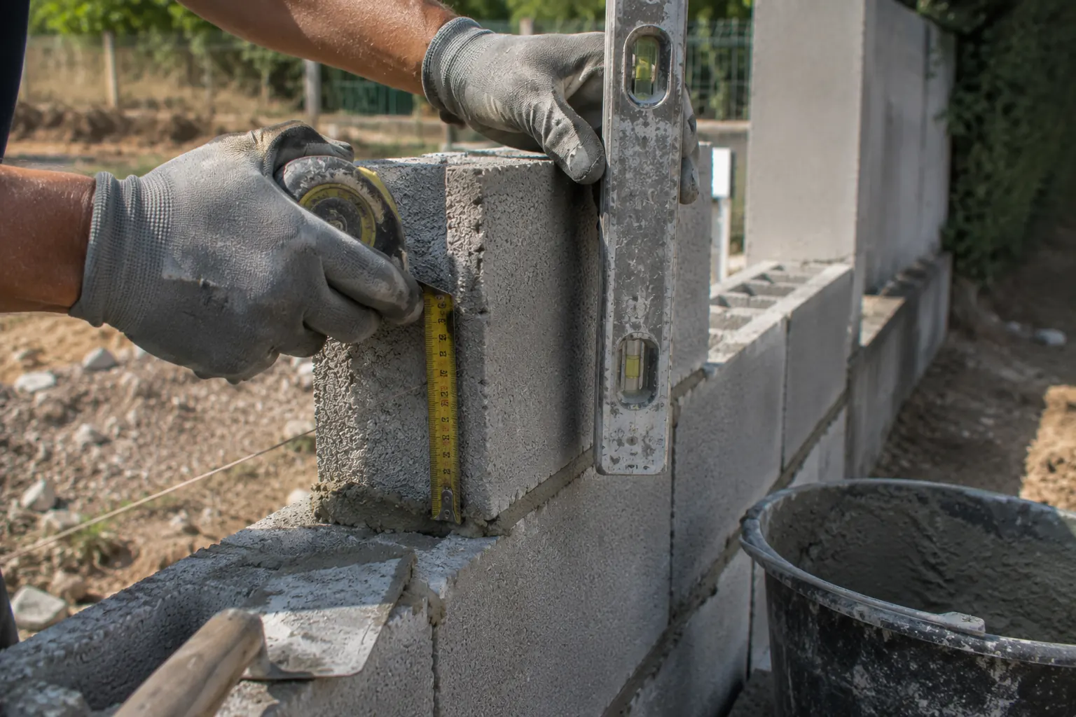 Main gantée mesurant et vérifiant l'alignement d'une rangée de parpaings lors d'un constat sur chantier en lumière naturelle.
