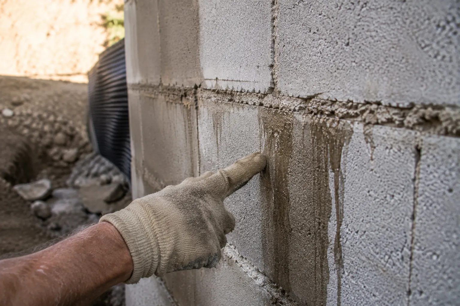 Doigt touchant une paroi de parpaing humide avec des traces de suintement, parpaing visible et terre derrière le mur.