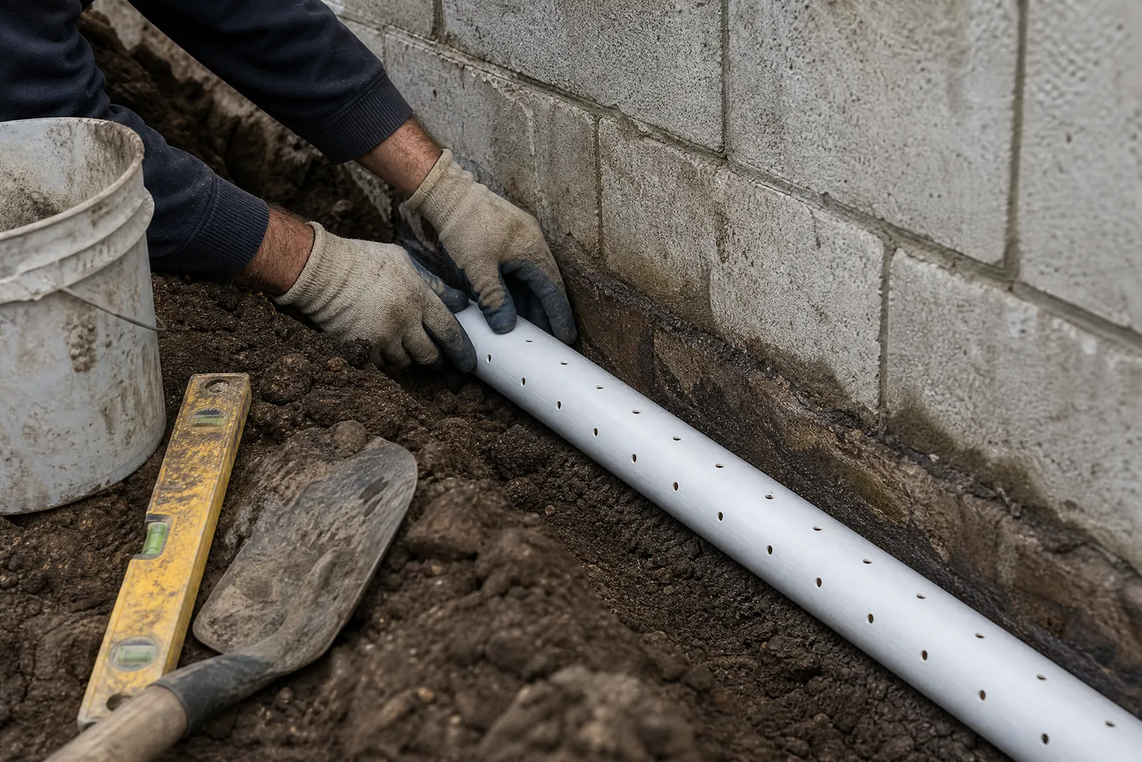 Mains posant un drain perforé le long d'une fondation en parpaing dans une tranchée humide, en extérieur.