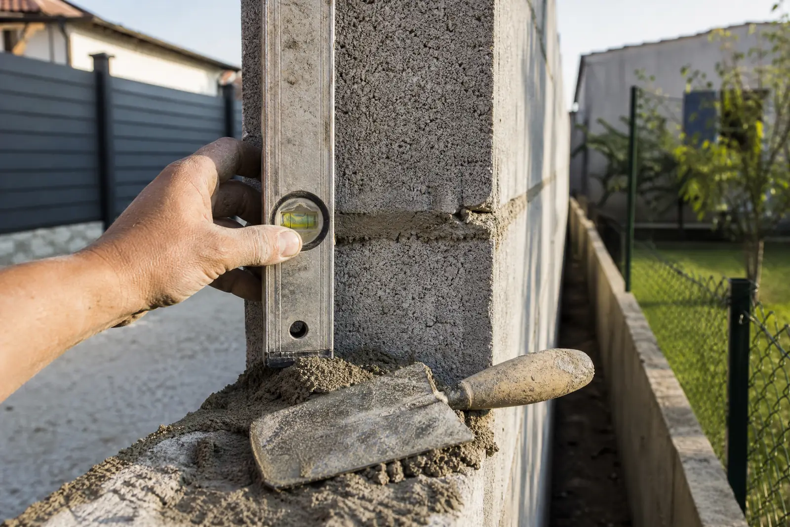 Une main vérifie l'aplomb d'un mur de parpaing avec un niveau, mortier et truelle à proximité sur un chantier en travaux.