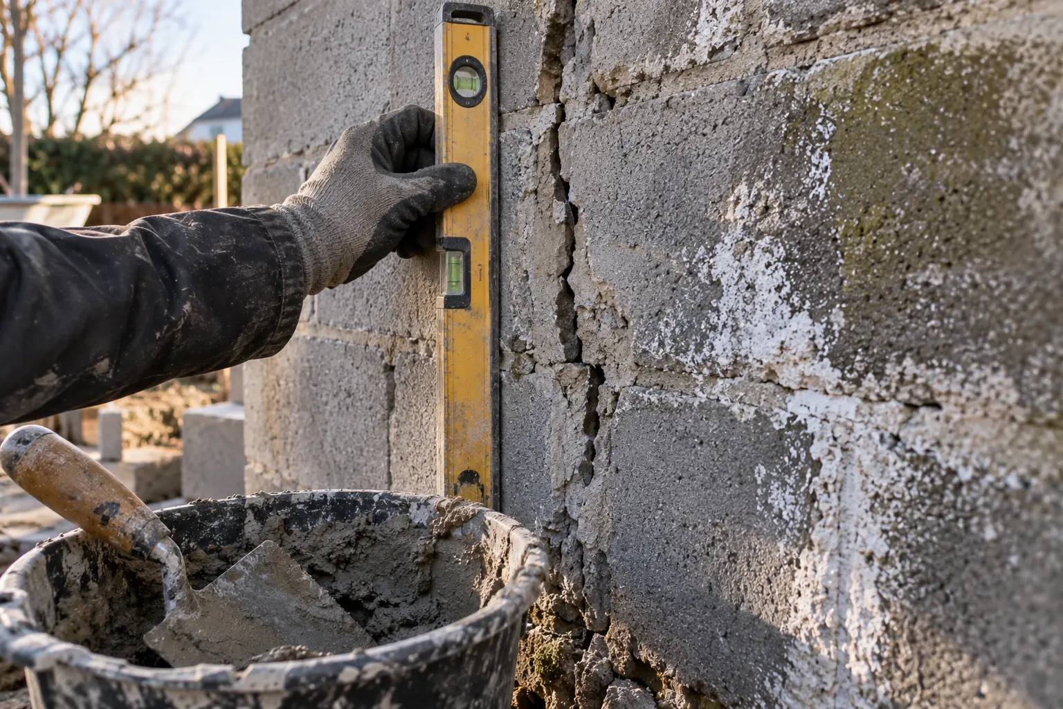 Une main gantée tient un niveau contre une fissure verticale d'un mur de parpaing endommagé par le gel, truelle et seau de mortier visibles.