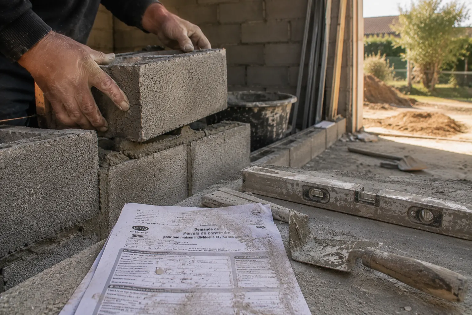 Mains montant des parpaings avec du mortier frais sur un chantier de garage en construction, documents administratifs et outils usagés à proximité.
