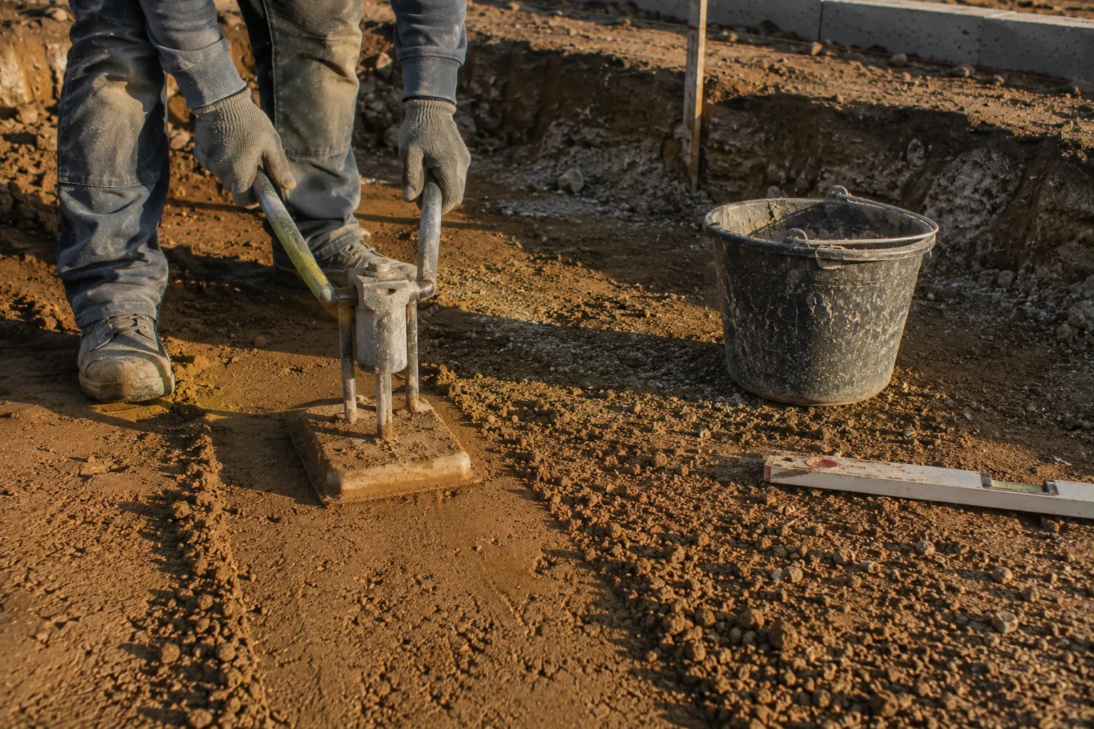 Mains gantées maniant une dame de compactage sur un sol de terre fraîchement décaissé, montrant les traces de compactage et la texture brute du chantier.