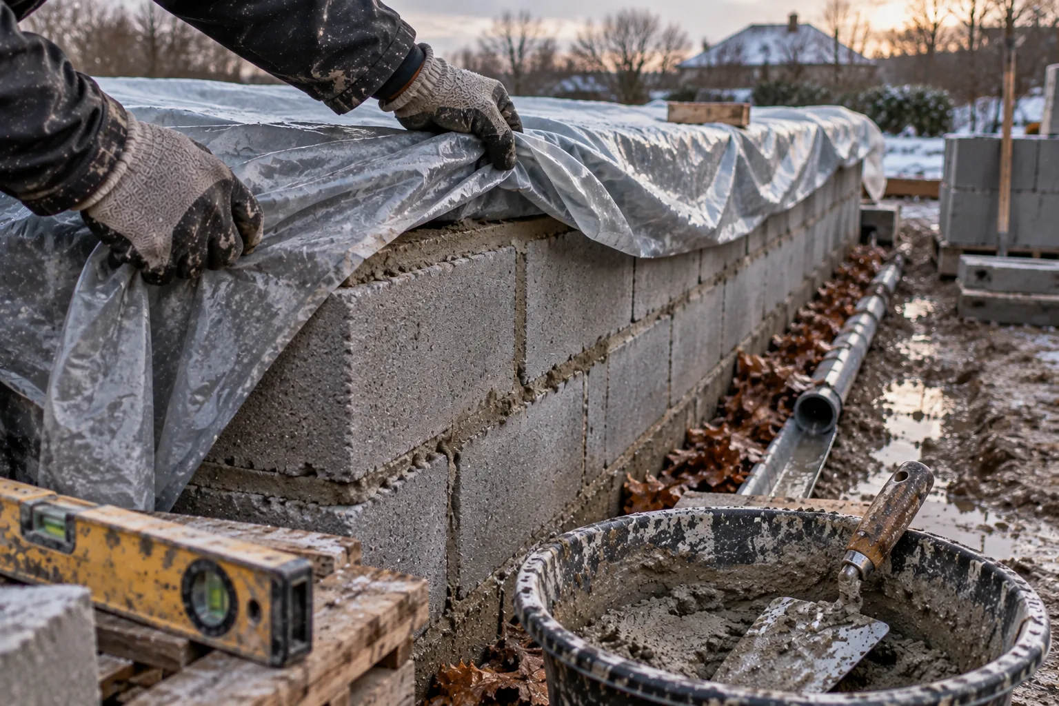 Main gantée de travailleur ajustant une bâche ventilée sur l'arase d'un mur en parpaing en construction, avec mortier frais visible et drainage au pied.