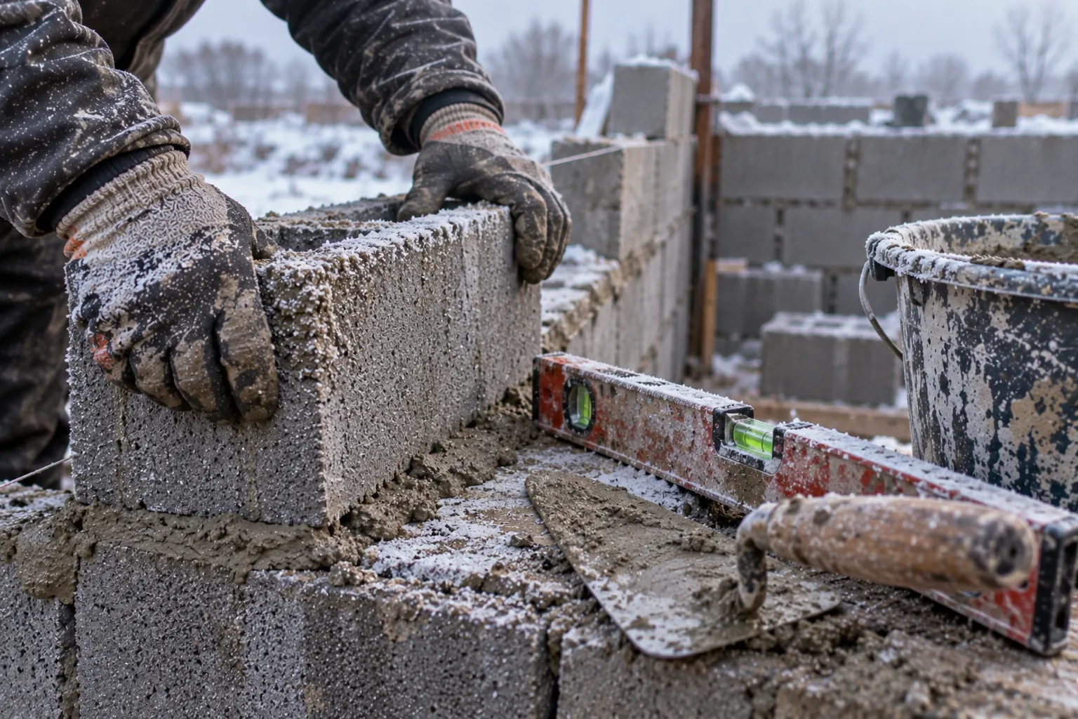 Mains gantées plaçant un parpaing sur du mortier frais lors d'un chantier hivernal, avec truelle et niveau à proximité.