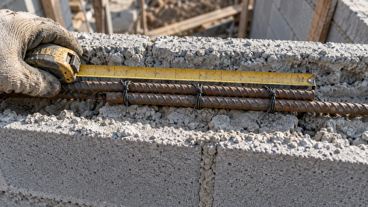 Deux barres d'armature ligaturées se chevauchant sur une grande longueur dans le chaînage d'un mur en parpaing.