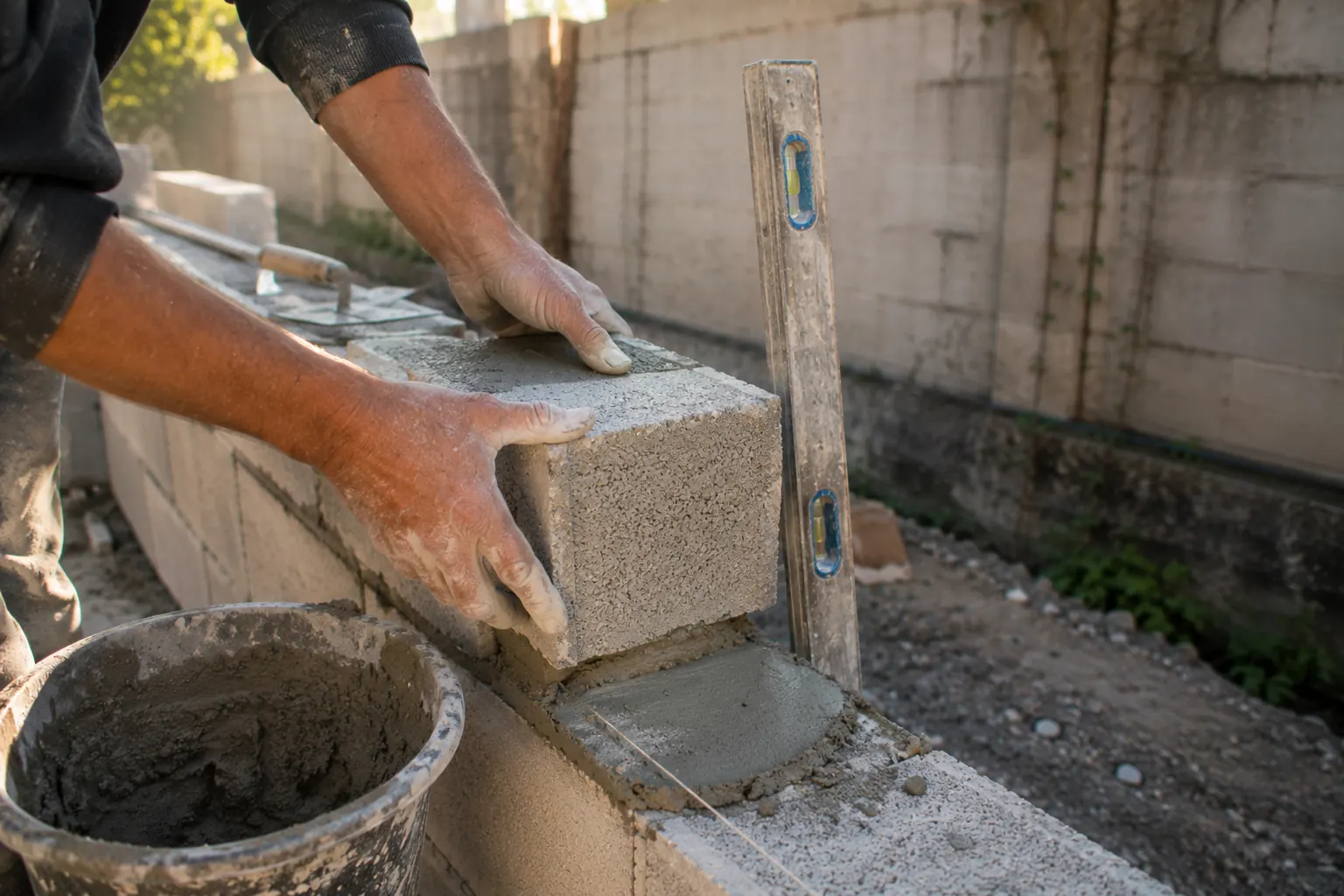 Mains de maçon posant un parpaing sur mortier frais avec un niveau, lors de la construction d'un mur de clôture.