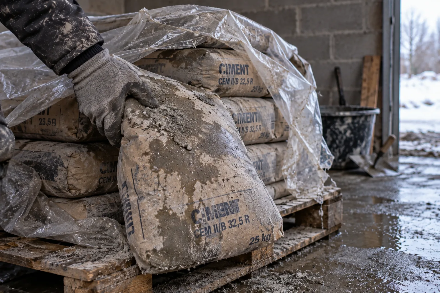 Une main tenant un sac de ciment humide et aggloméré, stocké sur palette sous film plastique dans un garage hivernal.