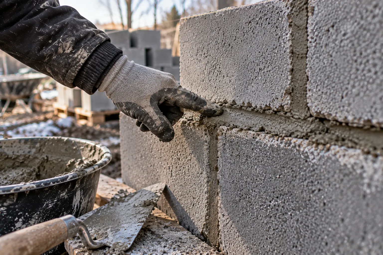 Une main gantée teste la prise d'un joint de mortier frais entre deux parpaings en chantier.