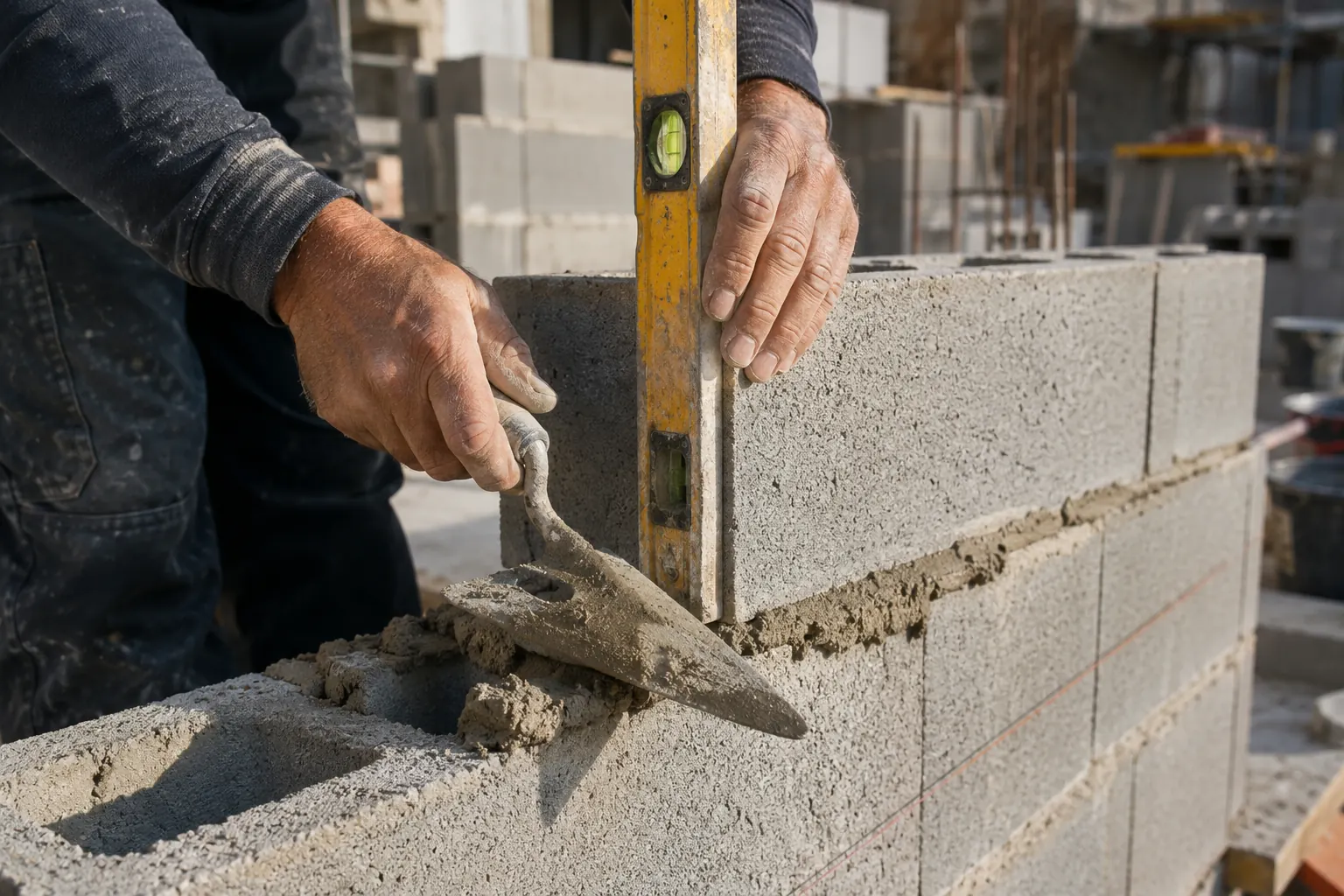 Une main de maçon pose du mortier frais entre deux parpaings sur un chantier, avec outils usagés et mur en construction à l'arrière.
