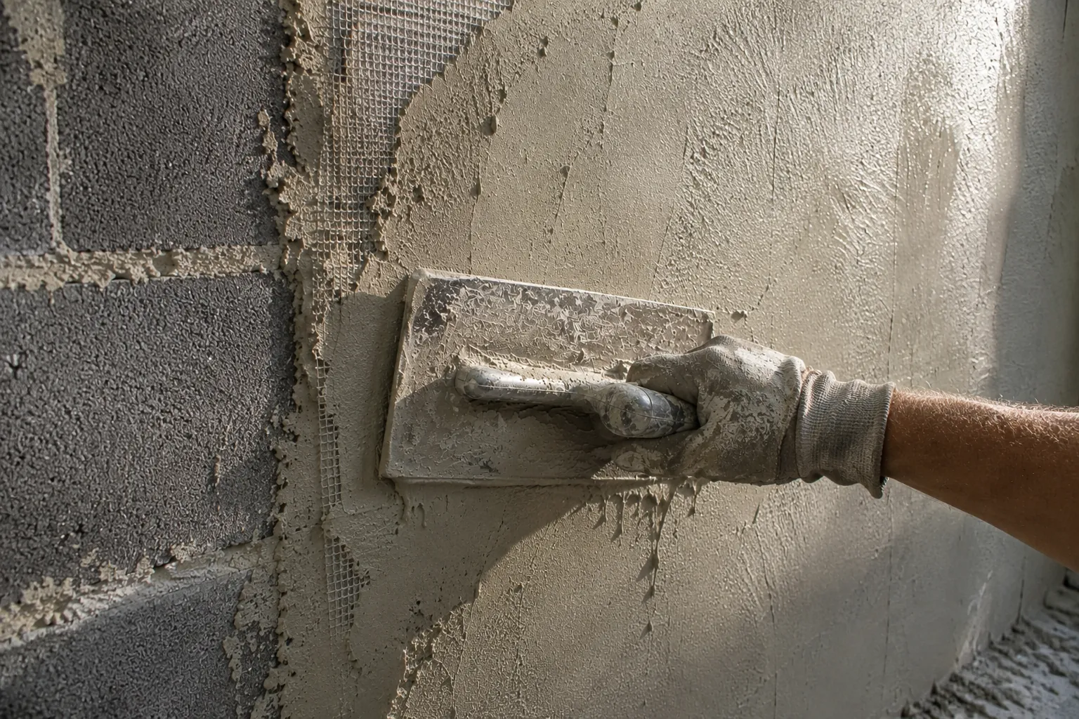 Une main gantée applique l'enduit à la taloche sur une paroi partiellement recouverte, montrant la texture humide du mortier frais.