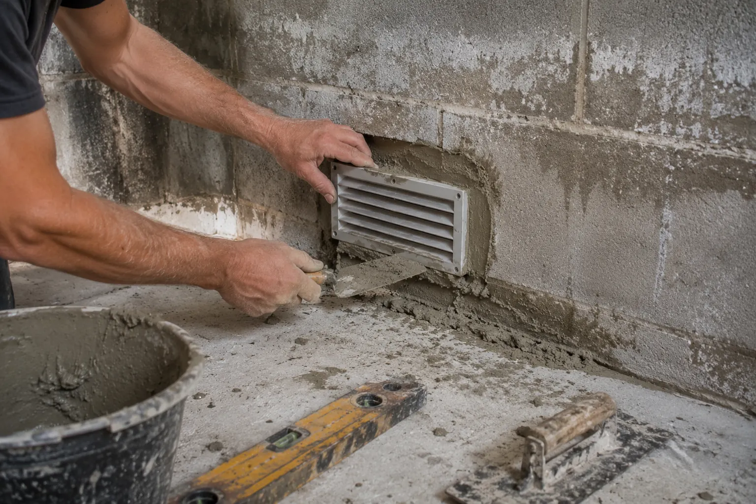 Mains serrant une grille de ventilation dans le bas d'un mur en parpaing humide d'un garage en travaux, à la truelle.