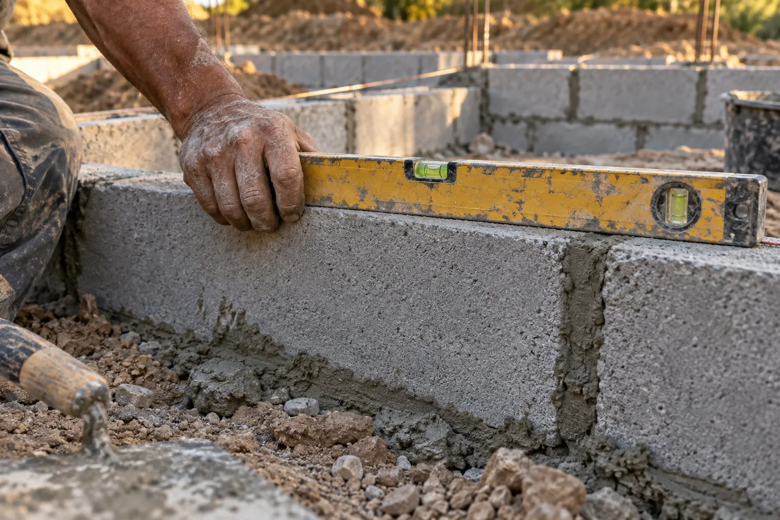 Une main vérifie l'horizontalité d'un chaînage de parpaings avec un niveau à bulle sur un chantier en cours.